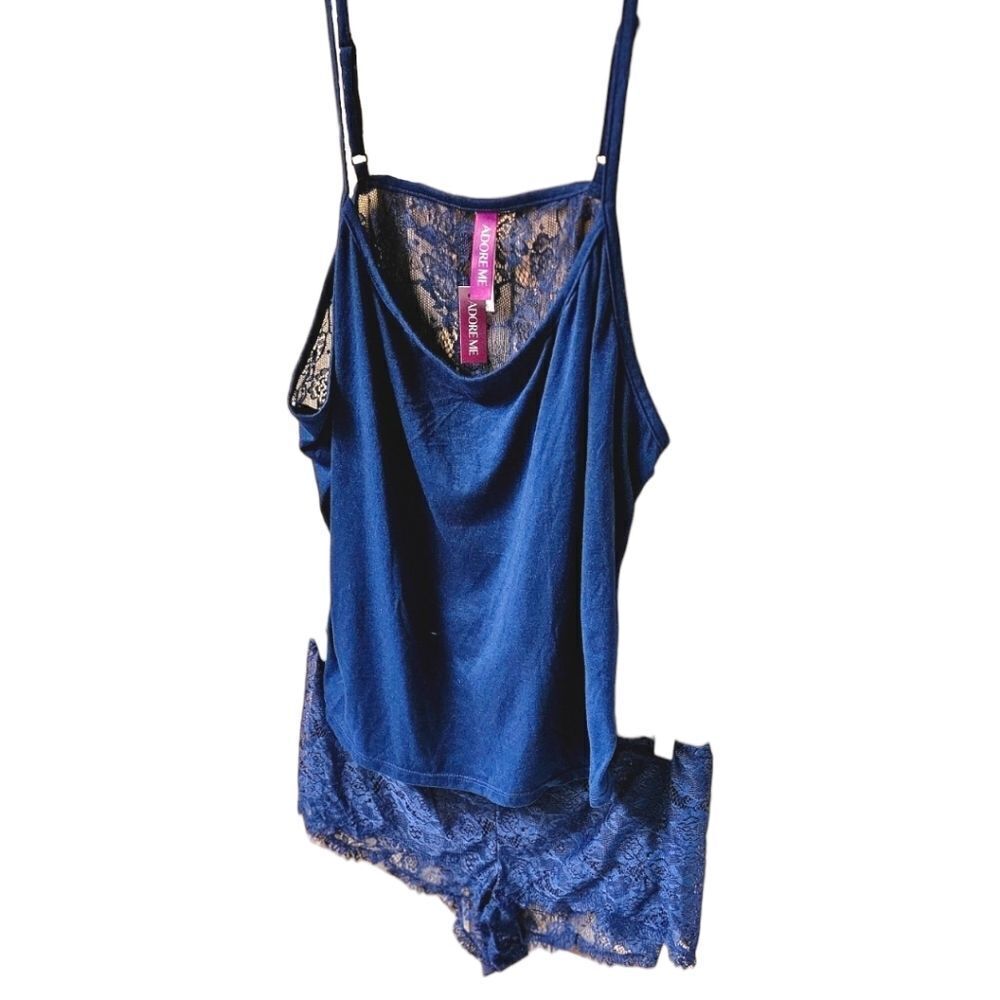 Adore Me 2X Medieval Blue Lace Satin Cami Shorts Lingerie Set - Picture 5 of 16
